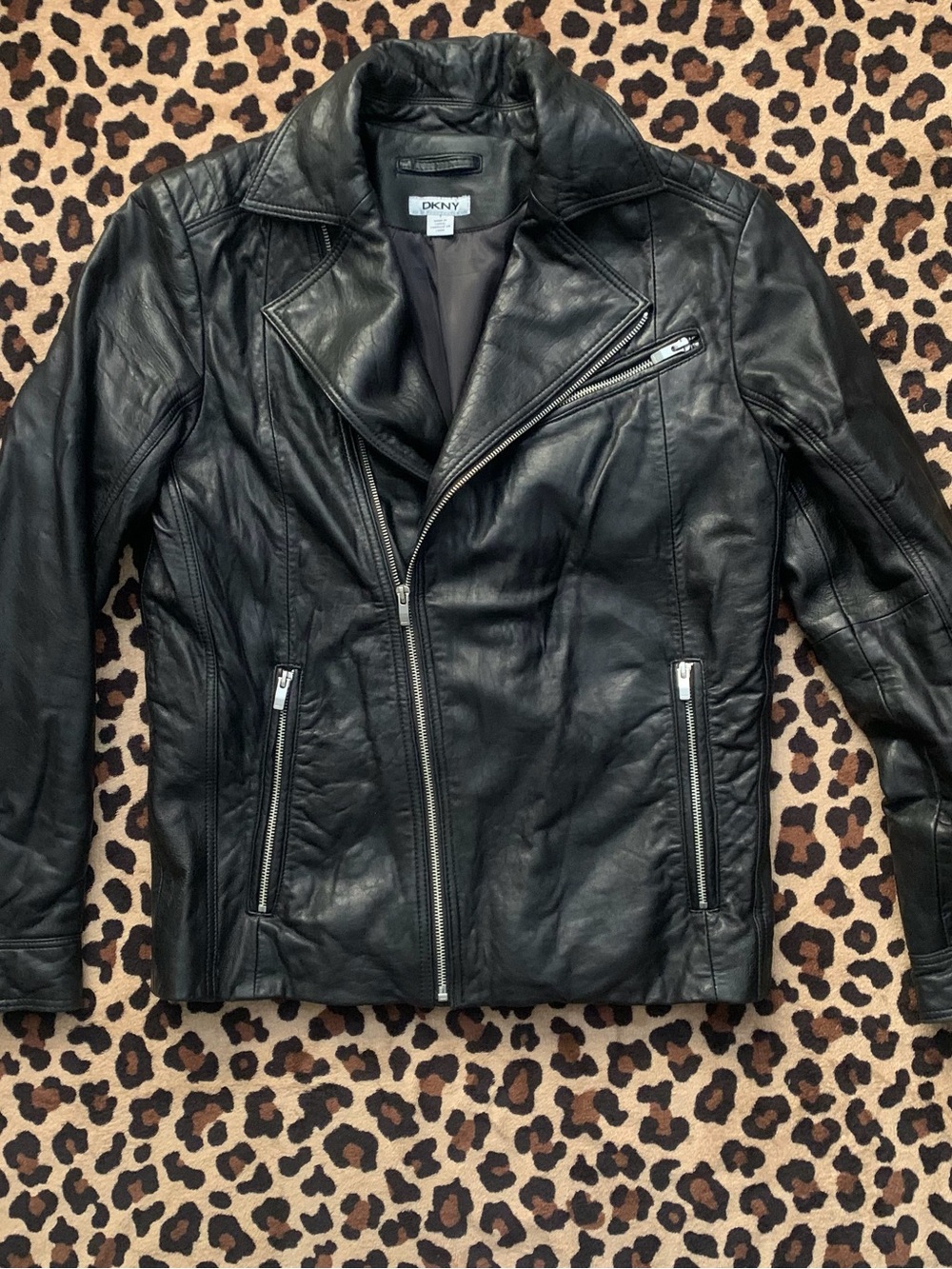 DKNY Black Leather Asymmetrical Zip Moto Jacket
